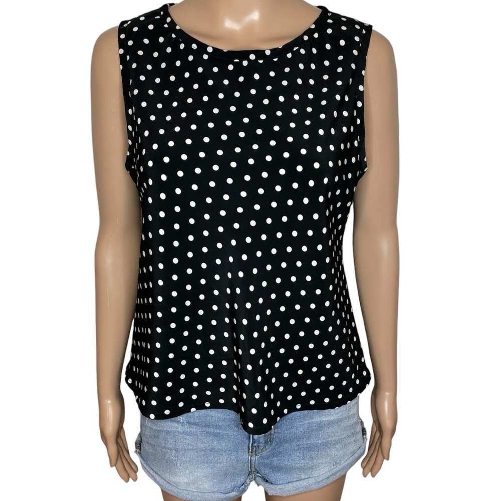 Vintage Evan Picone Black & White Polka Dot Crew Neck Sleeveless Tank Top